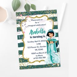 Princess Jasmine Birthday Party Invitation Teal Stripes Invite - Digital File