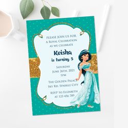 Princess Jasmine Birthday Party Invitation Teal Polka Dots - Digital File