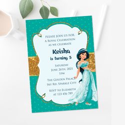 princess jasmine birthday party invitation teal polka dots - digital file