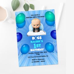 Boss Baby 1st Birthday Party Invitation Blue Balloons  - Digital File
