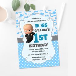 Boss Baby 1st Birthday Party Invitation White and African American Baby  - Digital File
