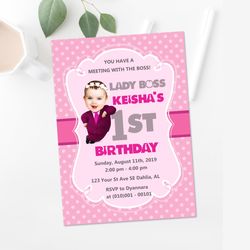 Boss Baby 1st Birthday Party Invitation Pink Polka Dots Girl Photo  - Digital File
