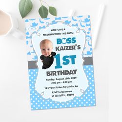 Boss Baby 1st Birthday Party Invitation White Baby and African American Baby Photo  - Digital File