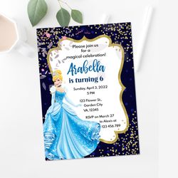 Cinderella Blue Gown Birthday Party Invitation Gold Confetti - Digital File