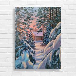 Winter Landscape Oil Painting Snow Covered Trees Small House in Forest Artwork on Canvas