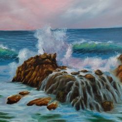 Oil painting sea coast Gentle sky Seascape Ocean trasparent wave and foam Wallart on canvas for bedroom