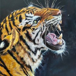 Oil painting Tiger on black background Minimalistic wild animal Wallart on canvas
