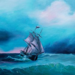 commission seascape oil painting ship on the turquoise wave wall art on