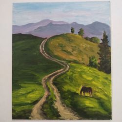 Landscape oil painting Green hills with horse Wallart on panel