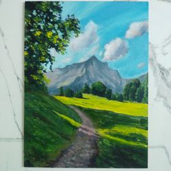 landscape oil painting with mountains switzerland green hill and track small artwork
