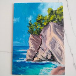 Seascape oil painting Seaside rocks in turquoise water Ocean shore Wall art