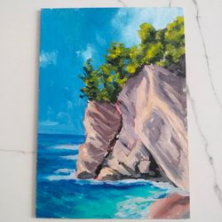 seascape oil painting seaside rocks in turquoise water ocean shore wall art