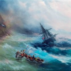 Seascape oil painting Shipwreck and boat art Turquoise wave Rainbow in the sea