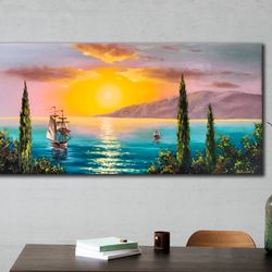 Seascape oil painting Sunset with clouds art Ship in Turquoise water Slender and tall junipers Bright Wall art on canvas