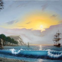 Seascape oil painting Seaside and ship art Turquoise wave Sunset in the sea artwork for bedroom, office and living room
