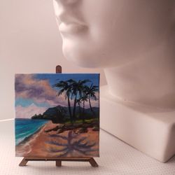 Original Palm Seascape Oil Painting, miniature canvas with easel, Ocean seaside art decor, Unique gift for art lover