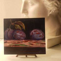 Original plum oil painting, Bright Fruit with water drops miniature art, Small fine art on panel