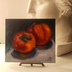 original persimmon oil painting, bright fruit with water drops miniature art, small fine art on panel