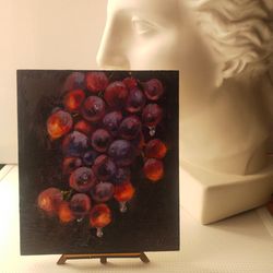 original grape oil painting, lucent fruit miniature art, small fine art on panel