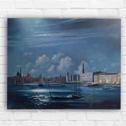 Night in Venice oil painting Landscape with reflections Moonlit sky fine art for office