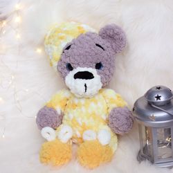 Plush bear. Bear plushie. Stuffed plush bear in pajamas, cute bear for kids, Bear stuffed animal.