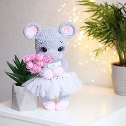 Mouse plush toy, stuffed mouse, Cute gift for baby girl, plush mouse doll in dress, Mouse doll. Gift for girl.