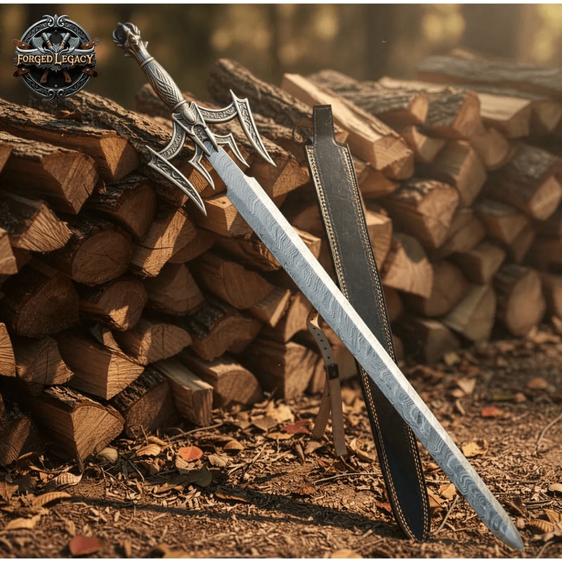 Hand Forged Damascus Barbarian Sword Viking Long Sword Replica Handmade Engraved Cosplay Sword F 0