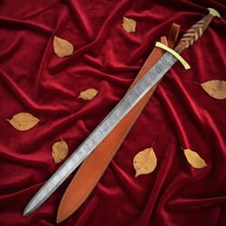 hand forged damascus steel viking sword 35" wood handle with leather sheath gift | wedding gift
