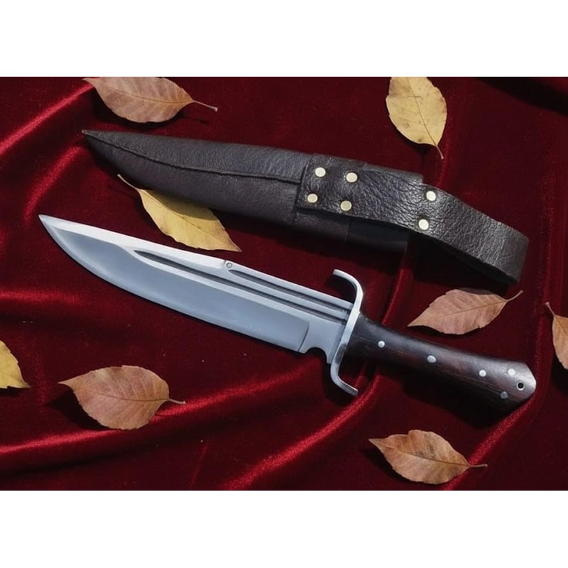 Handmade Carbon Steel Bowie Knife 13 Rosewood Handle Hunting Knife With Leather Sheath 0