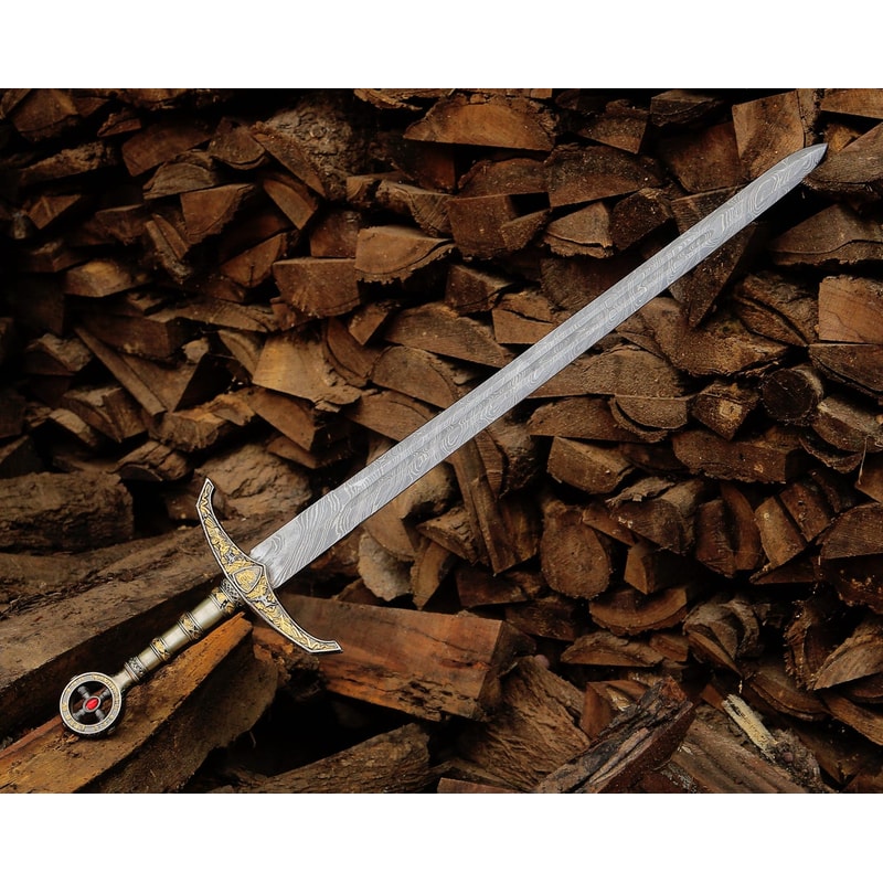 Engraved Damascus Steel Knight Sword 36 Handmade Medieval Replica Collector Gift 0