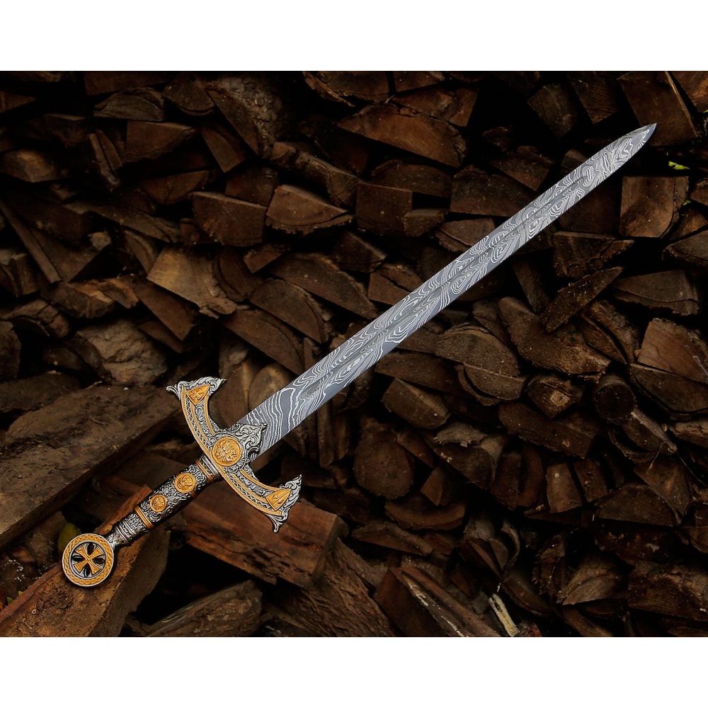 Handmade Damascus Steel Long Sword 40 Medieval Fantasy Blade Gold Guard Collector 0