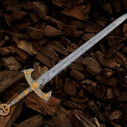 handmade damascus steel long sword 40" medieval fantasy blade gold guard collector