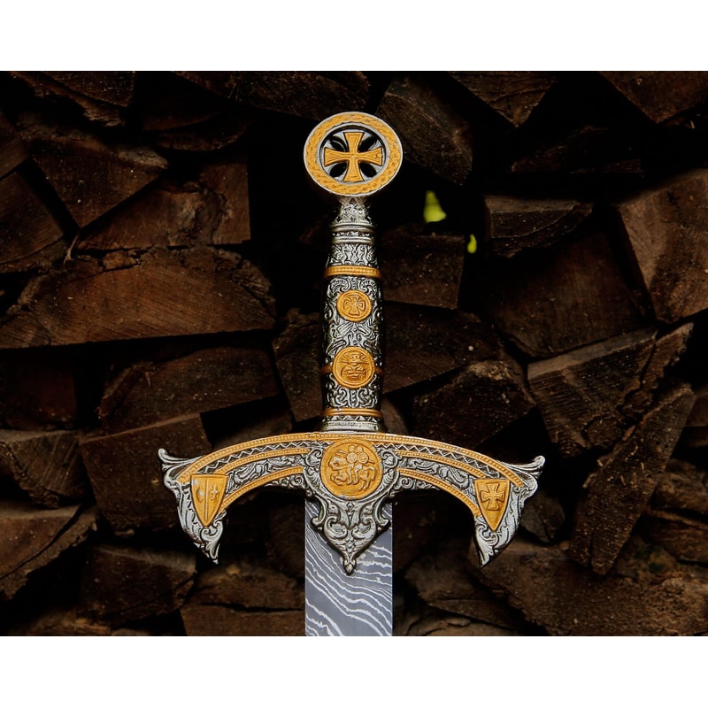 Handmade Damascus Steel Long Sword 40 Medieval Fantasy Blade Gold Guard Collector 1