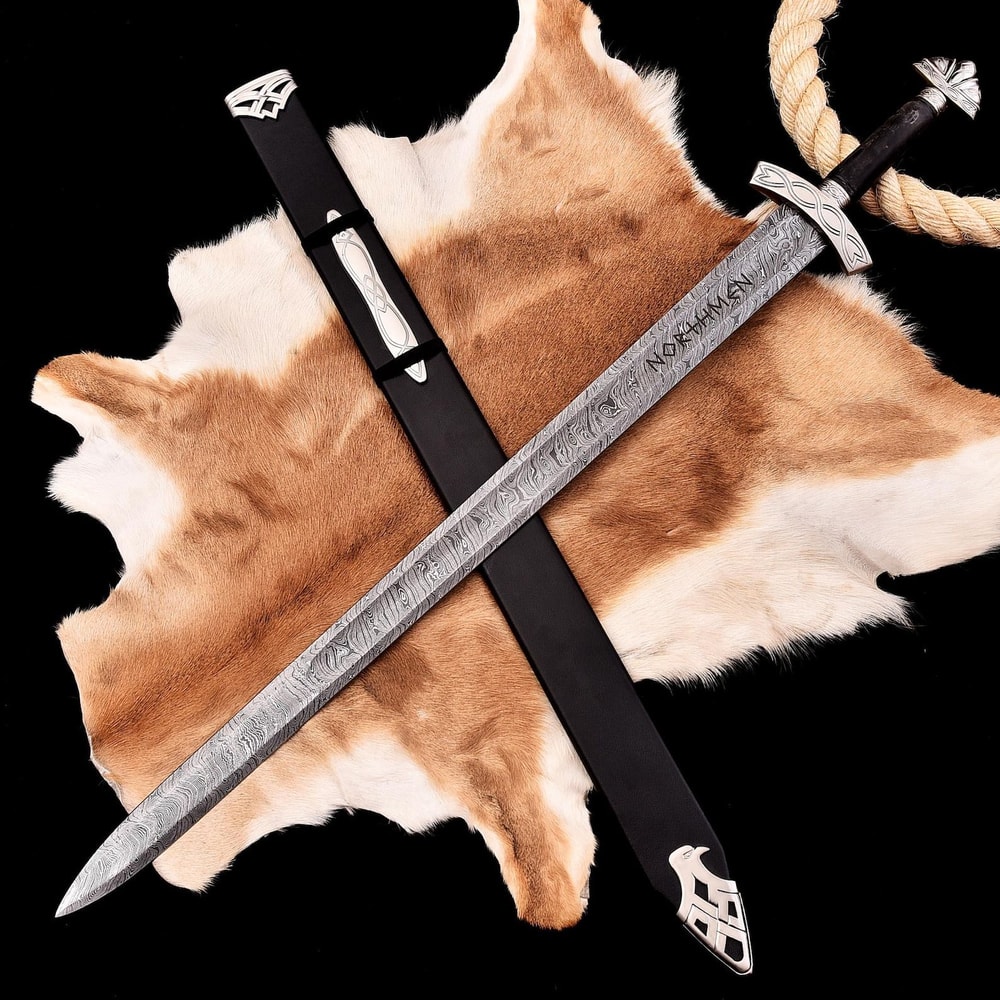Hand Forged Damascus Steel Viking Sword Norse Rune Engraved Medieval Fantasy Collectible 0