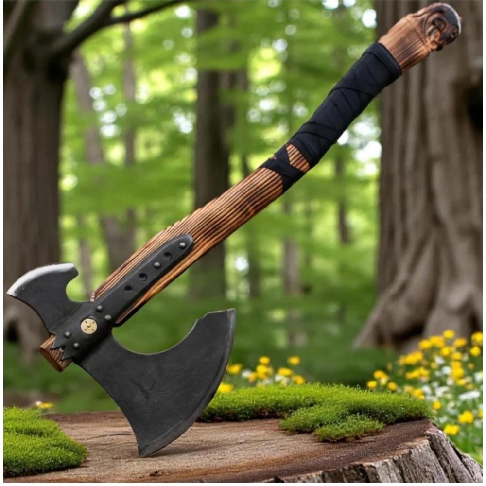 Forged Steel Viking Double Blade Axe Carved Wood Handle Collectible Outdoor Tool 1