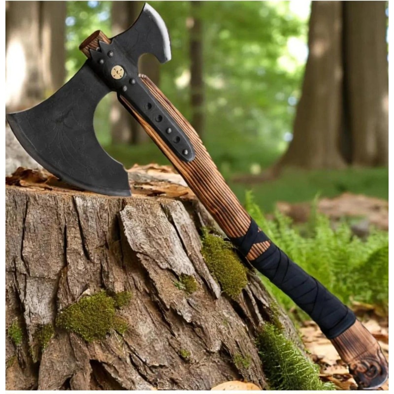 Forged Steel Viking Double Blade Axe Carved Wood Handle Collectible Outdoor Tool 2