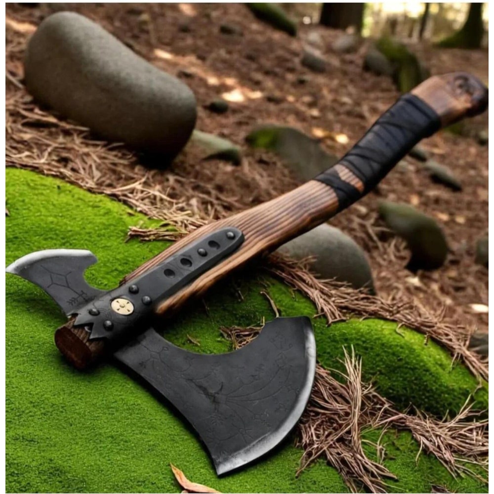 Forged Steel Viking Double Blade Axe Carved Wood Handle Collectible Outdoor Tool 0