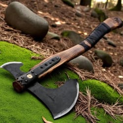 forged steel viking double blade axe carved wood handle collectible outdoor tool