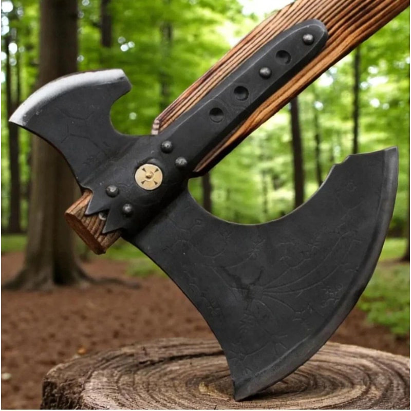 Forged Steel Viking Double Blade Axe Carved Wood Handle Collectible Outdoor Tool 4