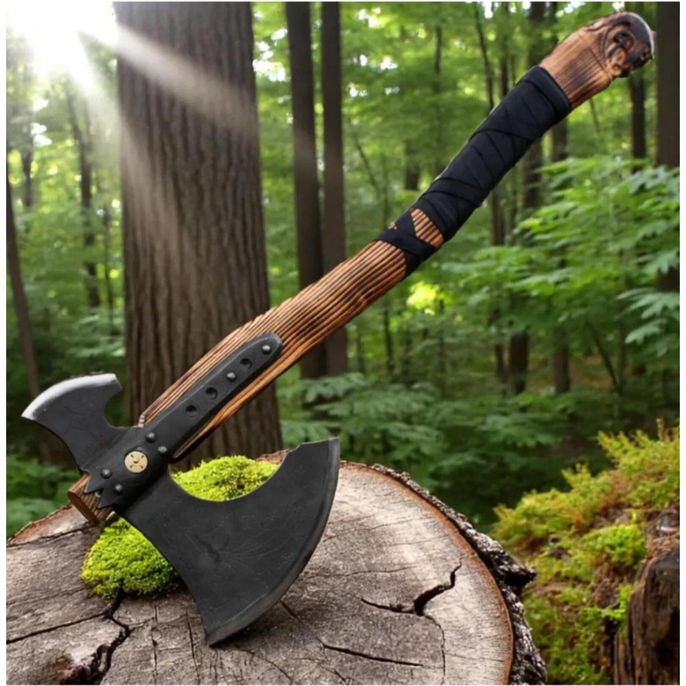 Forged Steel Viking Double Blade Axe Carved Wood Handle Collectible Outdoor Tool 5