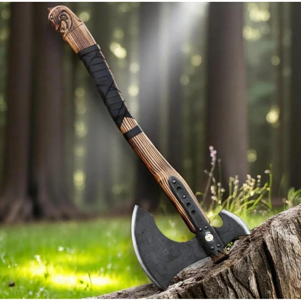 Forged Steel Viking Double Blade Axe Carved Wood Handle Collectible Outdoor Tool 6