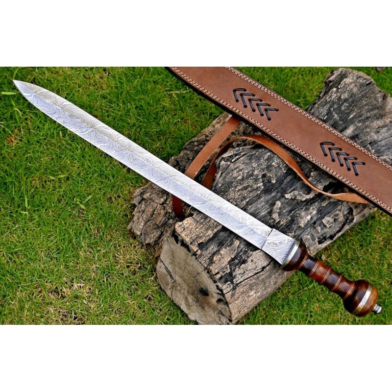 Handmade Damascus Steel Roman Gladius Sword Medieval Collectible Blade With Leather Sheath 1