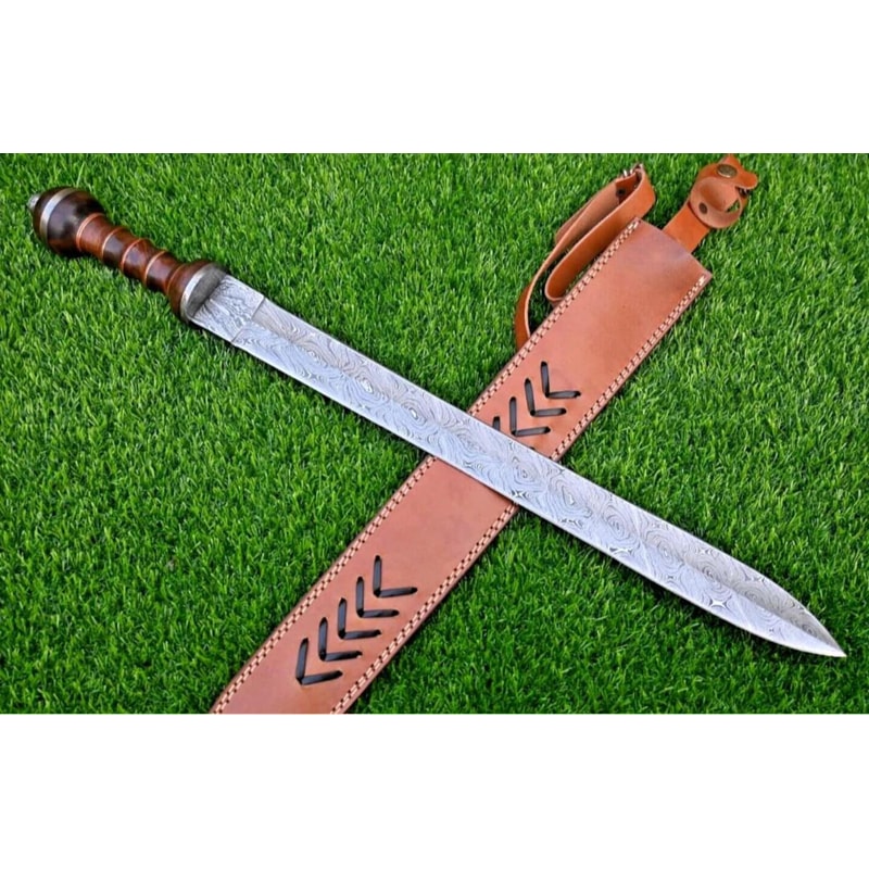 Handmade Damascus Steel Roman Gladius Sword Medieval Collectible Blade With Leather Sheath 0