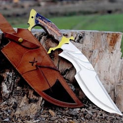 handmade forged bowie knife stainless steel blade hunting knife with leather sheath