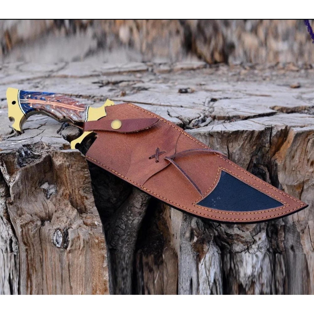 Handmade Forged Bowie Knife Stainless Steel Blade Hunting Knife With Leather Sheath 4