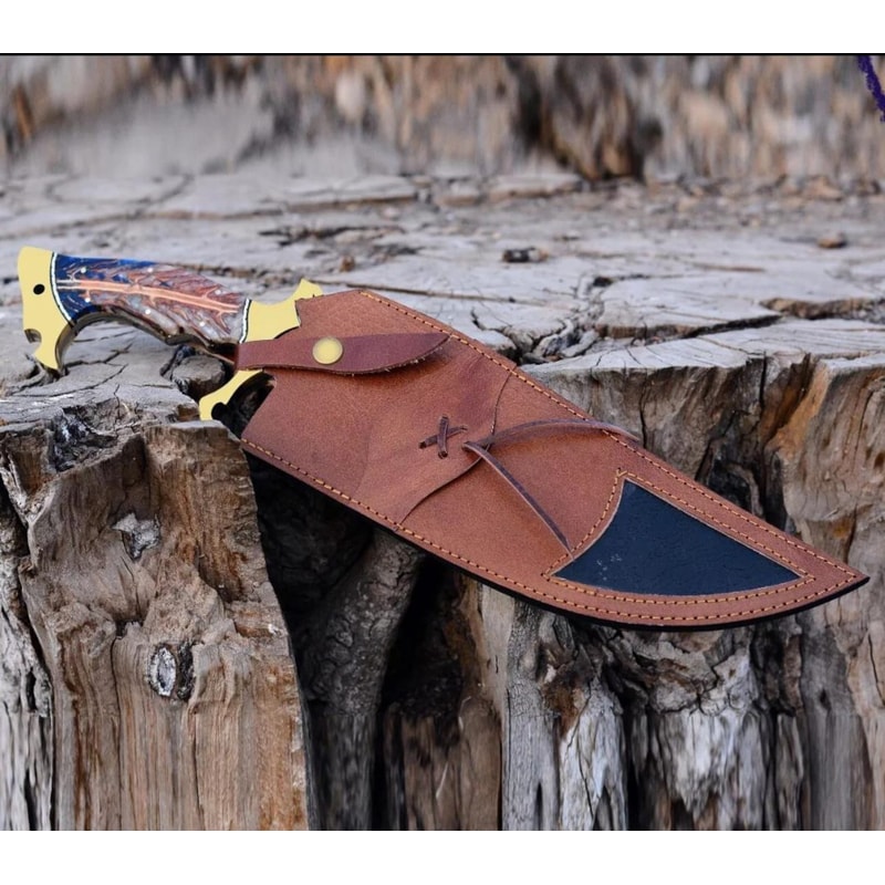 Handmade Forged Bowie Knife Stainless Steel Blade Hunting Knife With Leather Sheath 4