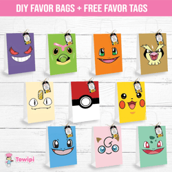 Pokemon printable favor bags - Pokemon DIY favor bags - Pokemon favor bags - Digital product