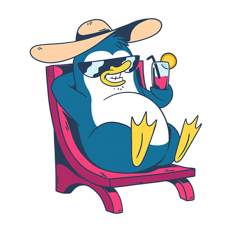 Penguins Lover Cool penguin with sun hat on sun lounger with drink.png