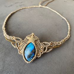 labradorite necklace,macrame jewelry,labradorite choker,macrame tiara,fashion jewelry,gifts for her