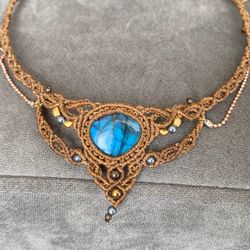 labradorite necklace, blue labradorite choker,labradorite macrame tiara,woman jewelry,fashion jewelry,elegant necklace